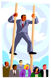 Man standing on stilts in an illustration