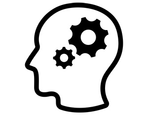 Icon of a person thinking with gears show inside head
