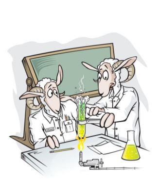 Graphic of a Rams in a science lab
